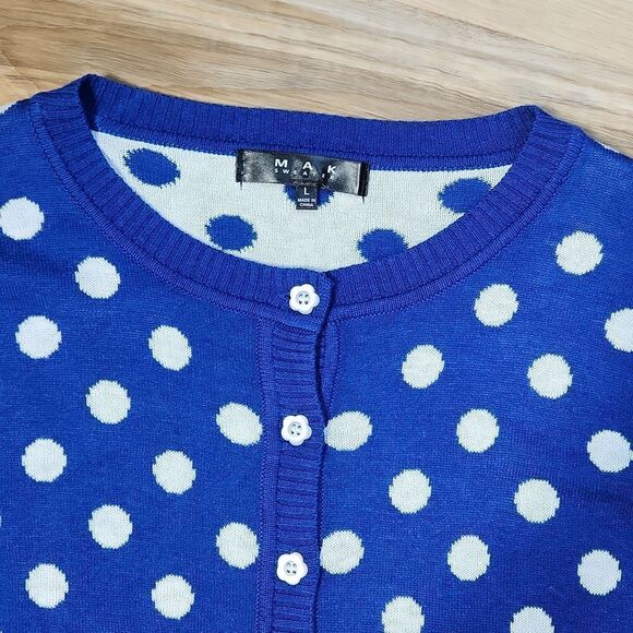 🔥NWT Blue w/White Polka Dot Buttoned 3/4 Sleeve Cardigan Sweater Large - Picture 4 of 13